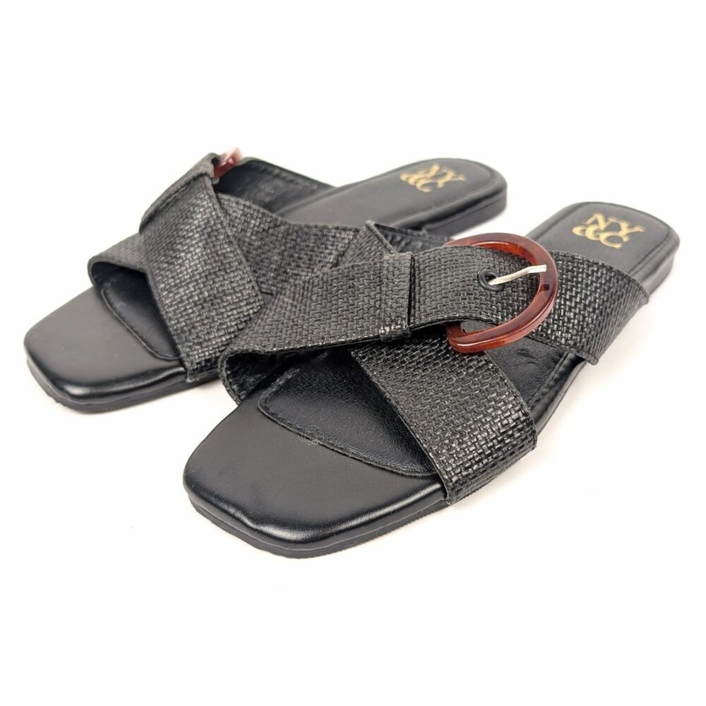 New York & Company Black Criss Cross Slip On Buckle Flat Sandals Size 6 - Picture 2 of 9